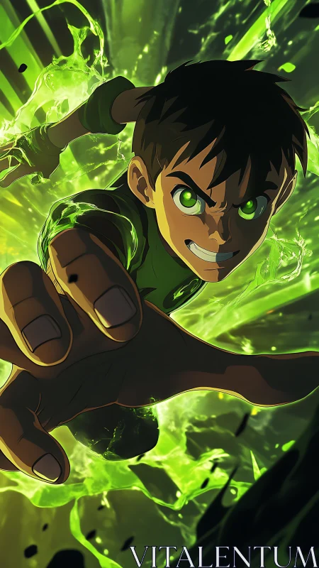 Dynamic green energy hero in forward perspective leap