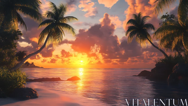 Digital tropical coastline depicts sunset over calm ocean