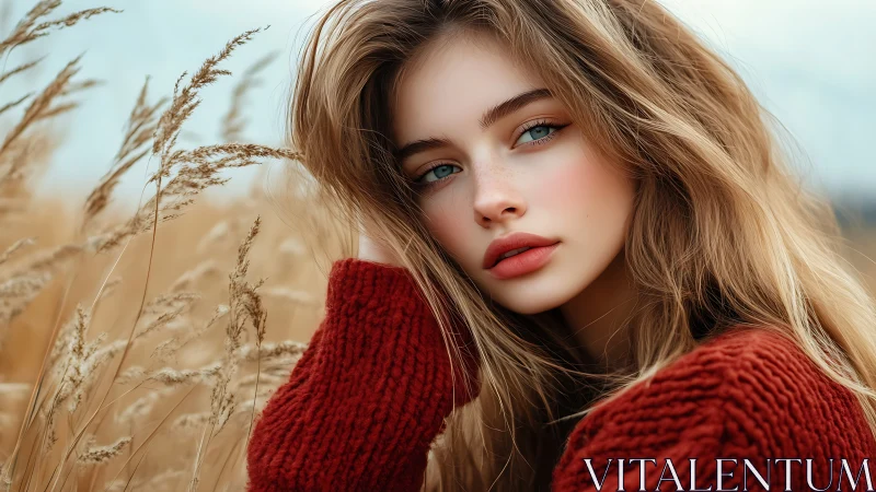 Portrait of young woman in rust sweater amid golden field.