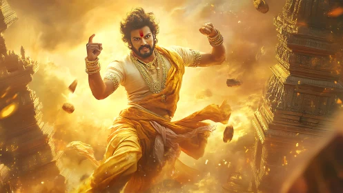 Mythic warrior figure amid glowing temple ruins in motion.