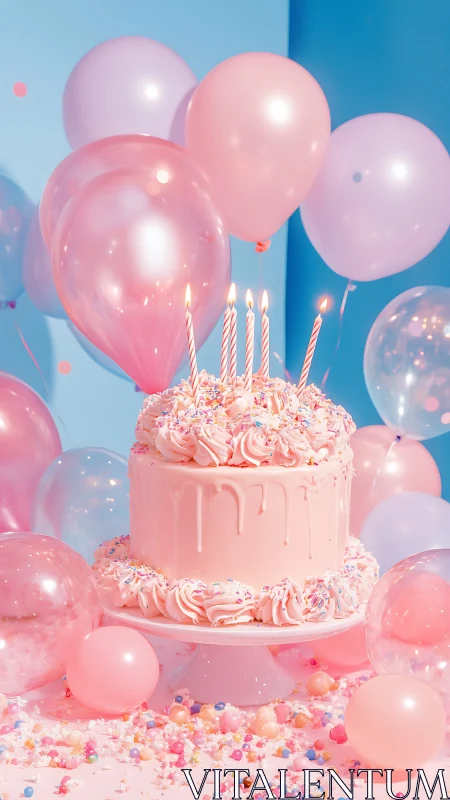 Pink Tiered Birthday Cake Surrounded by Balloons and Confetti Display