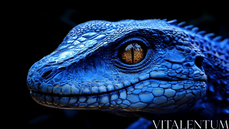 Electric blue reptile portrait glows against deep black