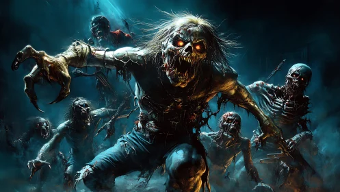 Ragged horror horde lunges from neon misted graveyard night.