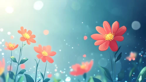 Red Cosmos Flowers Blooming in Ethereal Blue Bokeh Garden