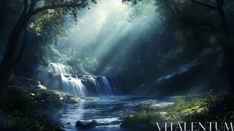 Enchanted Forest Waterfall with Heavenly Light