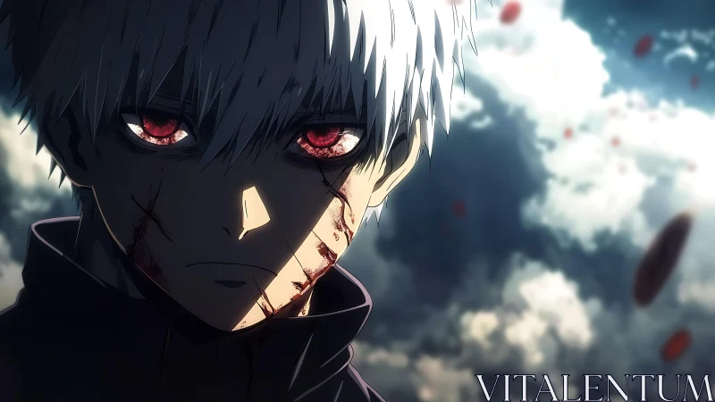 White haired anime figure with red eyes and scars.