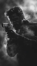 Stoic armed man in dramatic smoky monochrome portrait.