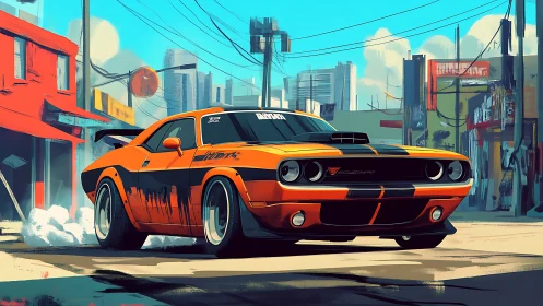 Orange muscle car drifting in stylized urban street setting.