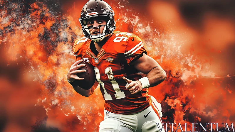 Gridiron player holding football amid orange abstract field.