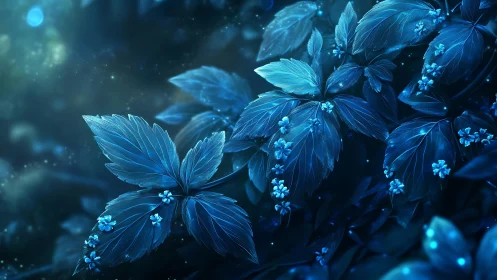 Moonlit sapphire leaves cradle tiny glowing forest blossoms.