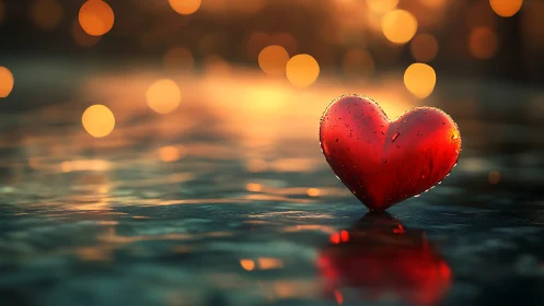 Crimson heart glistens against dancing amber light