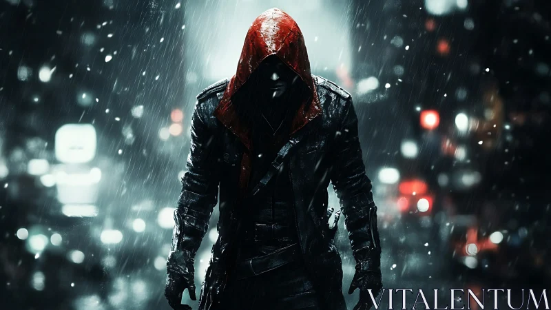 Hooded night avenger stalks rain-soaked cyber city streets.