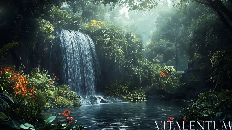 Lush rainforest cascade with misted pool and vibrant flora