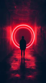 Silhouette at the Neon Portal in a Crimson Echo Tunnel.