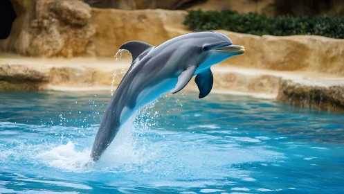 Sunlit dolphin arc splashes through a bright blue water stage.