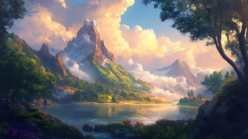 High dynamic range alpine lake scene under volumetric clouds