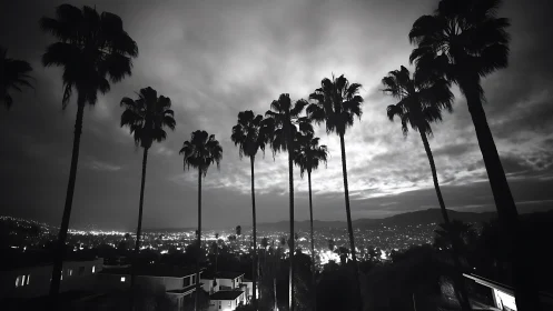 Midnight palms watching a glowing hillside city below.