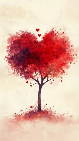 Heart-Shaped Tree with Red Foliage and Floating Hearts