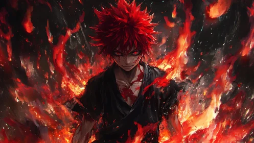 Fierce red haired warrior standing boldly within roaring fire.