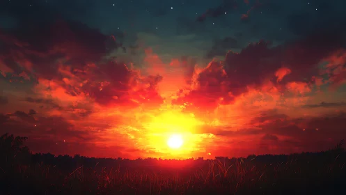 Fiery horizon sunset over silhouetted grassy meadowscape.