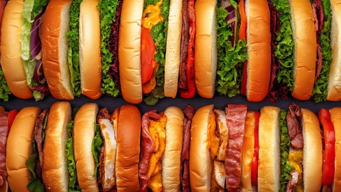 Rows of assorted deli sandwiches packed with meat and greens.