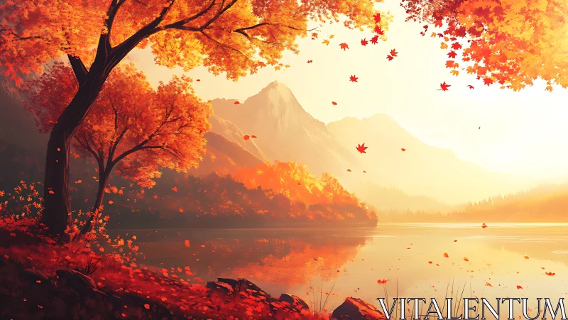Autumn forest lake landscape with distant mountain peaks.