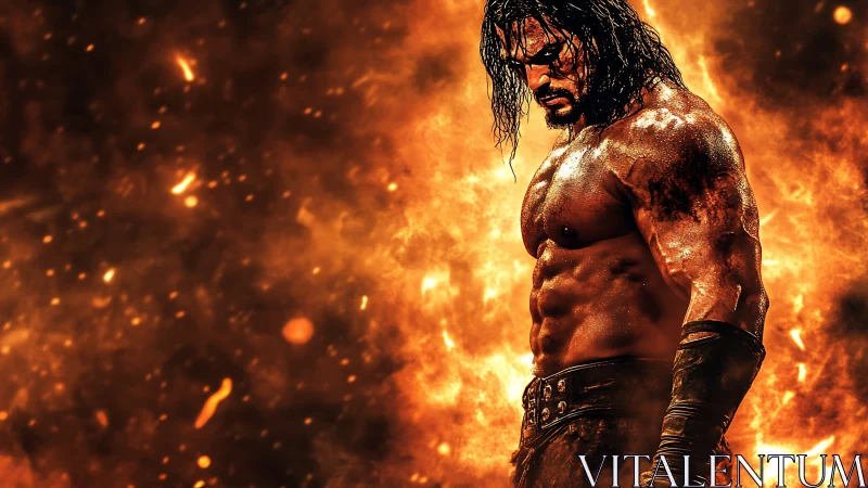 Muscular warrior amid blazing inferno, cinematic intensity.
