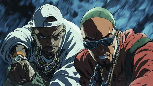 Dynamic hip-hop duo in high-motion anime street perspective
