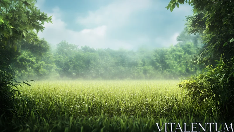 Fog-softened meadow recedes toward dense tree line and humid sky