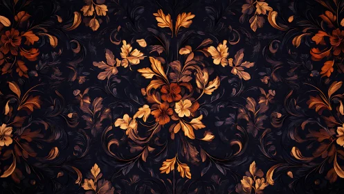 Ornate copper floral damask on deep midnight background.