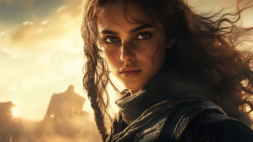 Warrior woman portrait in sunlit desert ruins closeup.