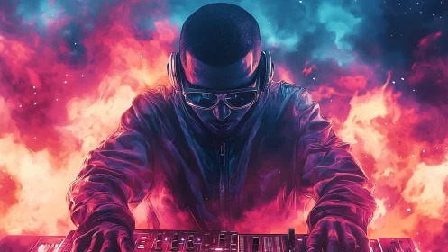 Midnight DJ bends neon fire into pulsing cosmic sound