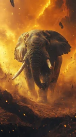 Charging elephant in fiery storm with flying embers all around