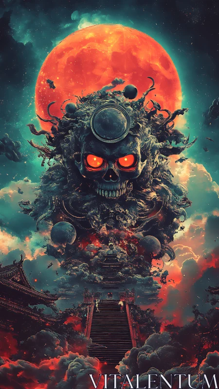 Celestial skull nebula above temple stair under blood-red moon