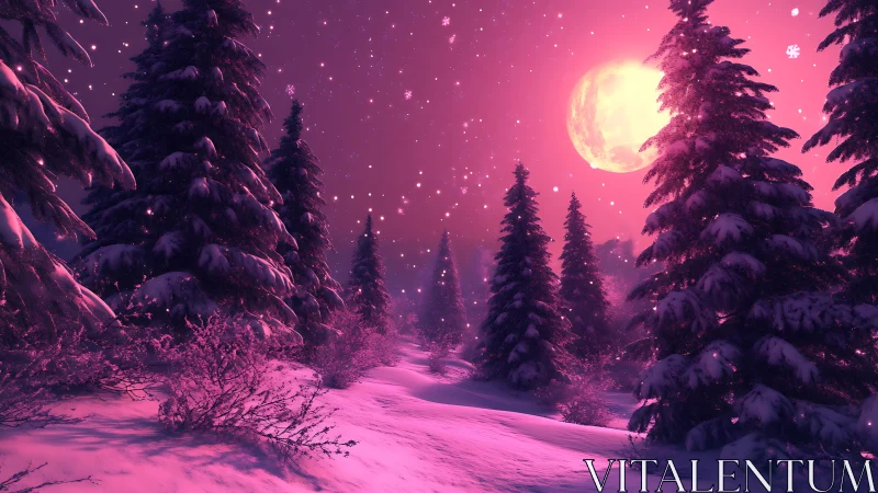Pink moonlit snowfall over dense winter forest path.
