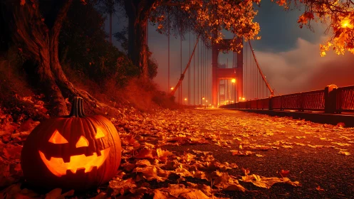 Illuminated jack o lantern near bridge on leaf covered path
