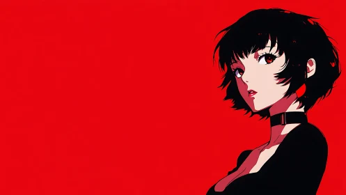 Striking anime girl against bold minimalist red backdrop.