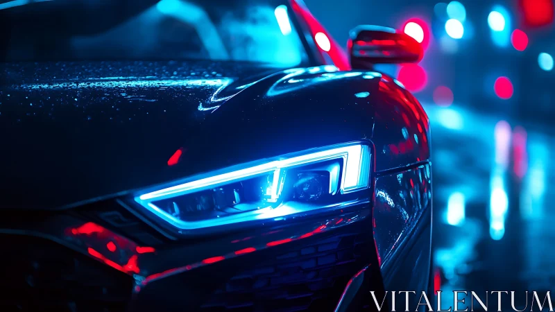 Neon predator car prowling through electric midnight rain.