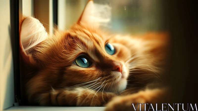 Orange tabby cat with blue eyes gazing from window.