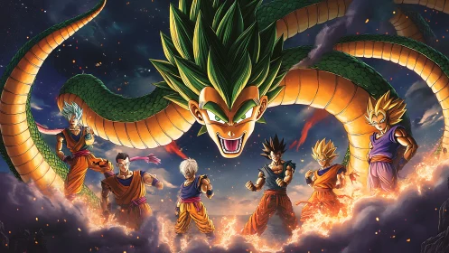 Cosmic dragon coils above blazing warriors of thundered ki.