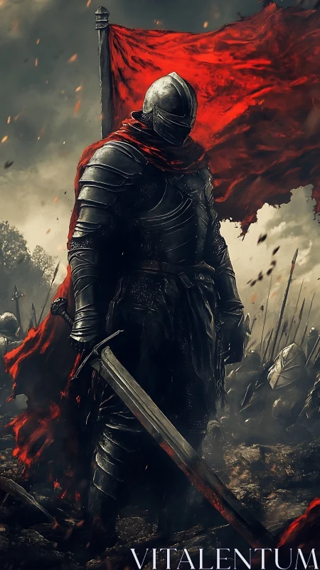 Armored knight stands before red war banner on battlefield