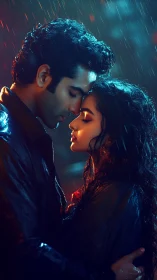 Intimate moment bathed in electric blue and amber light.