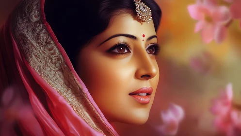 Graceful woman in pink sari bathed in soft golden light.