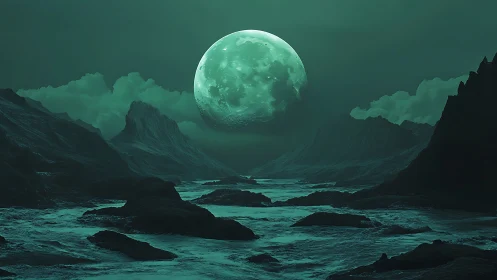Tidal exoplanet seascape under oversized teal moonrise