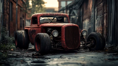 Rustborn hot rod waits in a rain-slick forgotten alleyway.