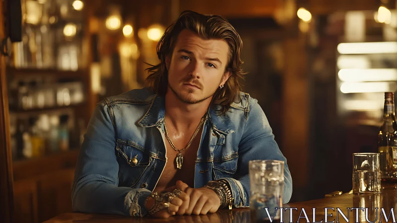 Long haired man in denim jacket sits at rustic bar counter
