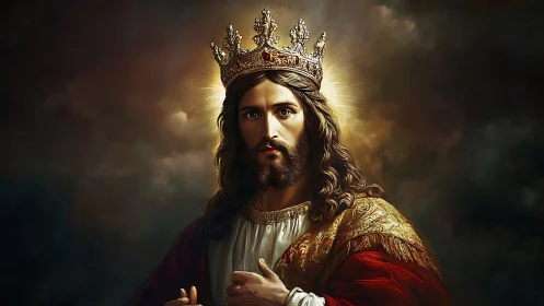 Regal religious figure with crown and glowing halo in clouds.