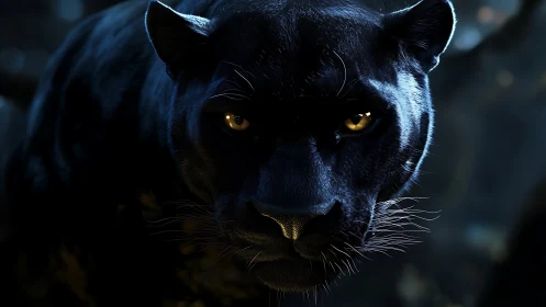 Black Panther Portrait with Aureate Ocular Luminescence in Nocturnal Setting