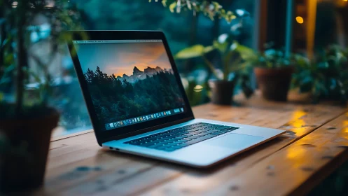 Sleek laptop on wooden desk in soft evening bokeh light.