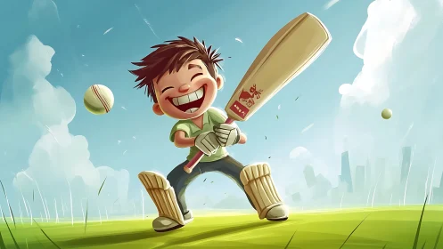 Joyful kid swings cricket bat on bright urban field